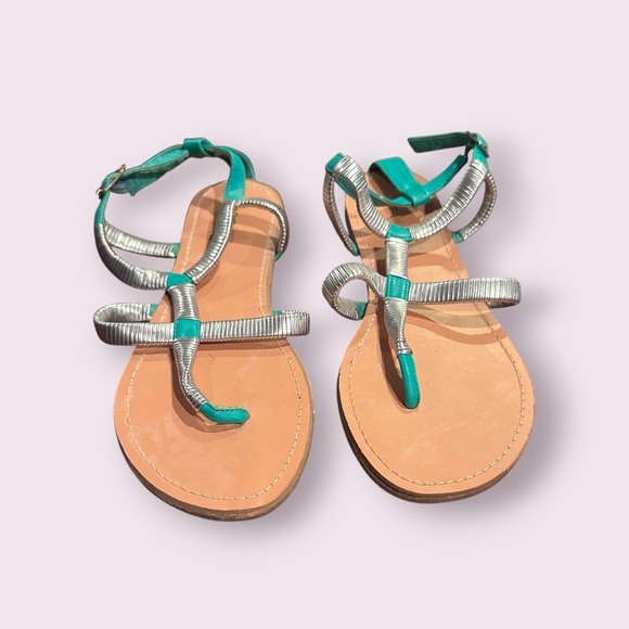 Promise Shoes - Women’s Promise Teal and Silver Metallic Strappy Toe-Loop Sandals Size 9